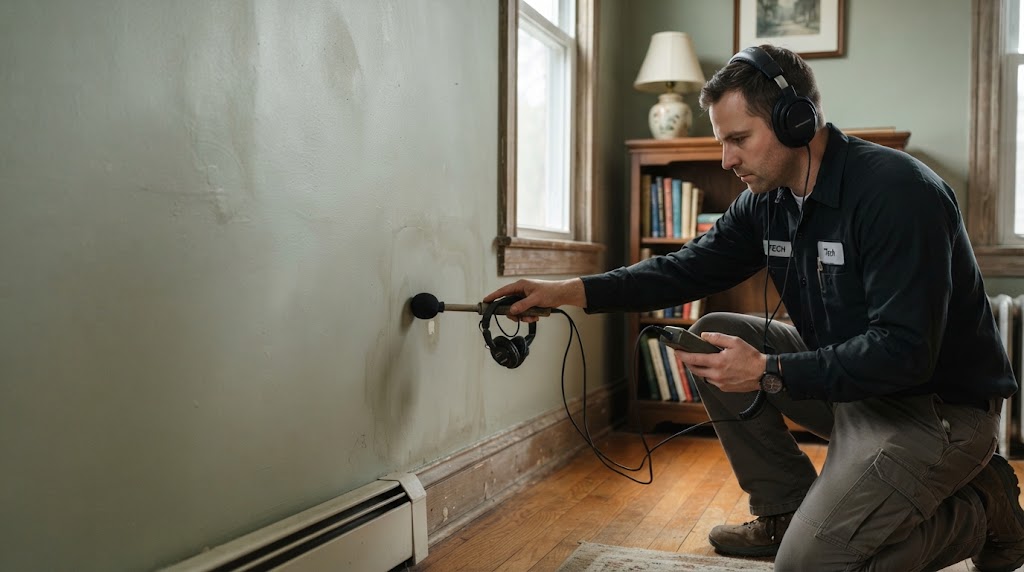 leak detection Ewing NJ technician inspecting domestic water pipe system