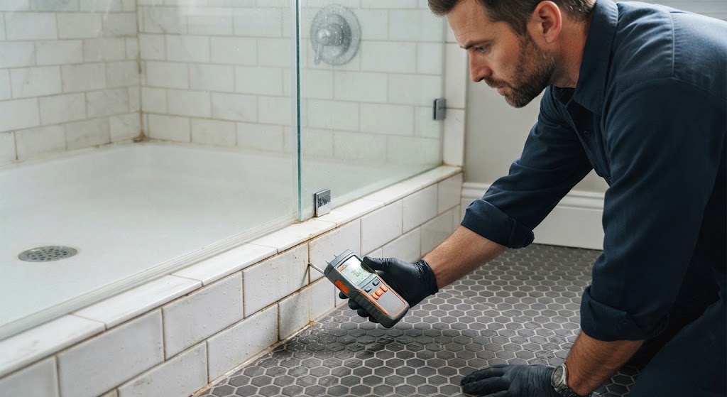 shower and bathroom leak detection Ewing NJ specialist inspecting tiled enclosure